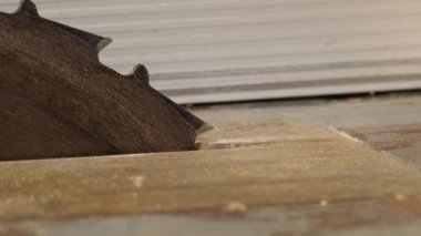 Asian carpenter is cutting wood with a circular saw to create new furniture. Circular saw blade with carbide teeth working in workshop, close-up shot with selective focus. Carpenter tools