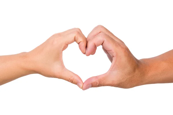 男性と女性の手は白い背景に隔離されたハート型を形成します 心臓の形をした両手 — ストック写真