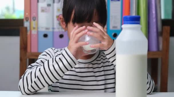 Cute Asian Girl Drinking Glass Milk Home Living Room Little — Stock Video
