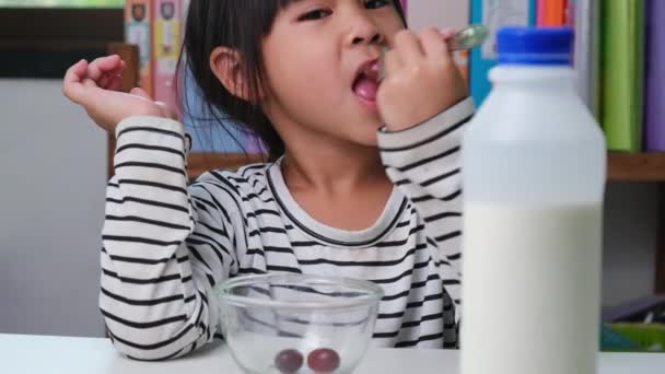 Cute Asian Girl Drinking Glass Milk Home Living Room Little — Stock Video