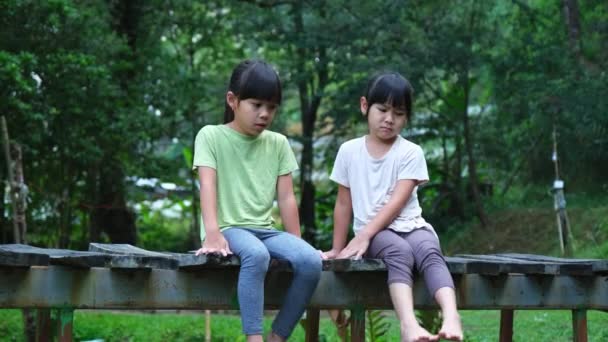 二人の妹口論と泣きながら一緒に木製の橋の上に座っている アジア系の姉妹は庭で動揺している 子育てと家族の概念 — ストック動画