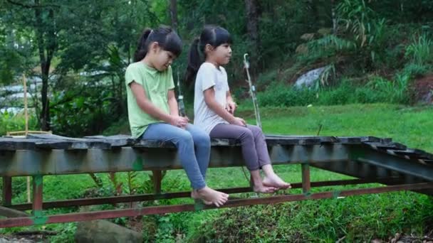 两个小妹妹坐在一座木桥上 一边吵一边哭 亚洲的姐妹们在花园里很不高兴 抚养和家庭概念 — 图库视频影像