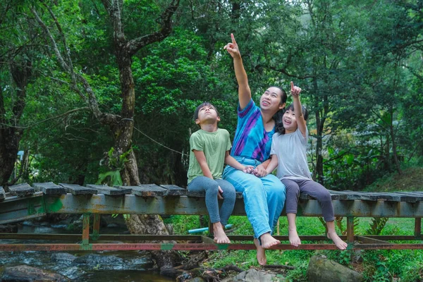 快乐的年轻妈妈和小女孩坐在河边的木桥上 妈妈和两个女儿在户外玩的很开心 母亲节快乐温馨的家庭 — 图库照片