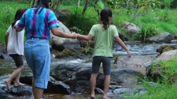 家族のキャンプ屋外で 母と娘が川で遊んでいます 母と娘は一緒に冒険的な休暇旅行に行きます 健康的なライフスタイルとエコツーリズム — ストック動画