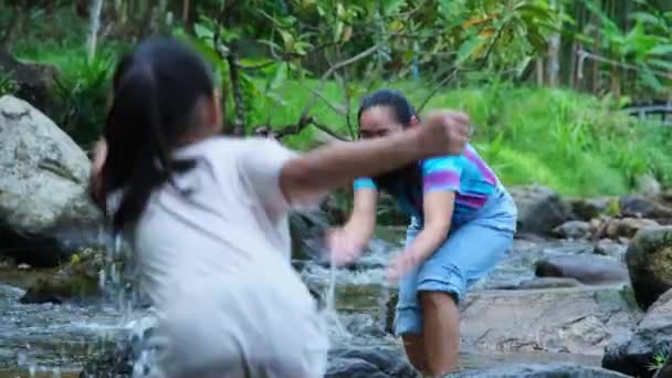 Família Acampando Livre Mãe Filhas Brincando Rio Mãe Filha Uma — Vídeo de Stock