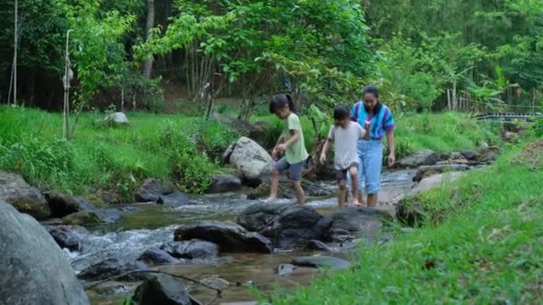 家庭户外露营 母亲和女儿在河里玩耍 母亲和女儿一起去冒险度假 健康的生活方式和生态旅游 — 图库视频影像