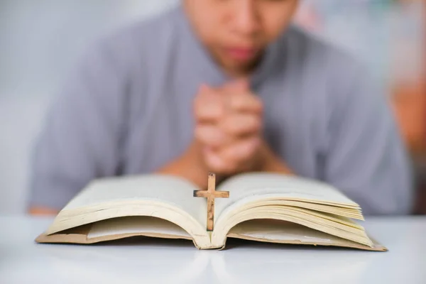 stock image Close-up of a woman reading an open bible, praying and holding hands on her bible. Spiritual or bible study concept.