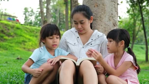 快乐的母亲和两个女儿在公园里玩乐和看书 母亲和女儿在夏日的花园里休息 给女儿读童话 — 图库视频影像