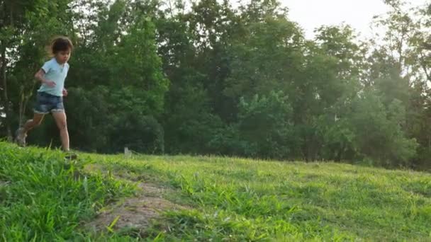 Szczęśliwa Dziewczynka Biegająca Trawie Letnim Parku Dziewczynka Biegnie Przez Łąkę — Wideo stockowe