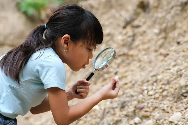 かわいい女の子が石で遊んで虫眼鏡で探索しています 様々な天然素材を勉強する少女 代替教育またはホームスクーリング — ストック写真