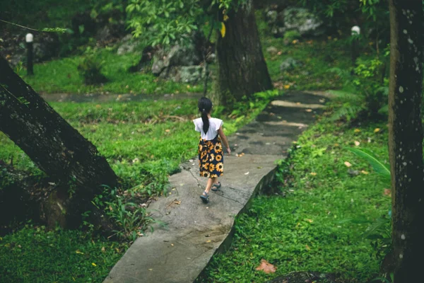 Menina Bonito Andando Caminho Pedra Jardim Botânico Com Plantas Verdes — Fotografia de Stock