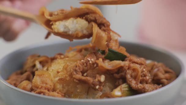 Nourriture Coréenne Mains Tenant Une Cuillère Mangeant Kimchi Sauté Porc — Video