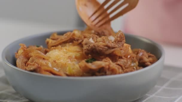 韩国菜 手拿着勺子吃炒泡菜泡菜泡菜和火锅猪肉 锅里装着蒸饭 韩国自制午餐食品 — 图库视频影像