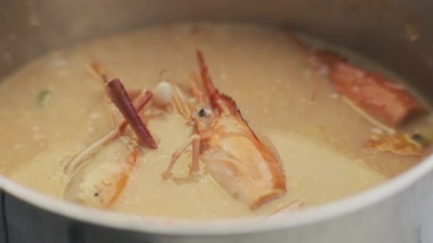 スパイシーなエビのスープ 鍋にエビとココナッツミルクと伝統的なアジアのトムヤムスープ — ストック動画