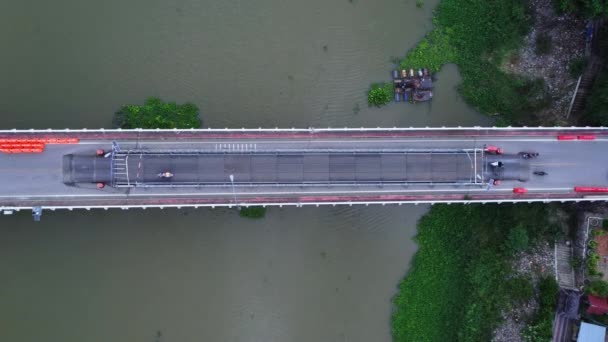 Repair Concrete Bridge River Countryside Repair Road Section Aerial View — Stock Video