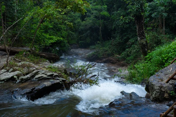 Прекрасний Водоспад Тропічних Лісах Чистою Водою Потік Швидко Бігає Зеленому — стокове фото