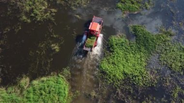 Büyük çelik bir gemide büyük bir kazıcı ve bir traktör kanalda çalışıyor sebze ve yabani otları topluyor..