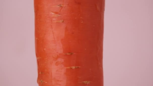 胡萝卜在粉红色的背景上旋转 水滴在果皮上流动 新鲜的有机橙子胡萝卜 — 图库视频影像