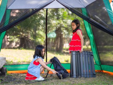 Güneşli bir günde iki kız kardeş doğada bir masa kurmada birbirlerine yardım ediyorlar. Yaz tatilinde ormanda aile kampı.