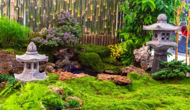 Minimum Japon bahçesi küçük taş fener, bambu çeşmesi, yosun ve çiçeklerle dolu..