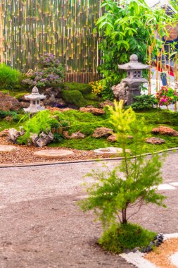 Minimum Japon bahçesi küçük taş fener, bambu çeşmesi, yosun ve çiçeklerle dolu..