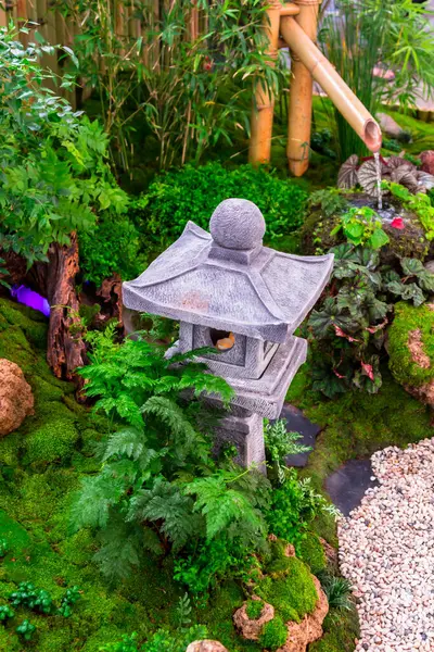 stock image Minimal Japanese garden in home with small stone lantern and bamboo fountain and moss and flowers.