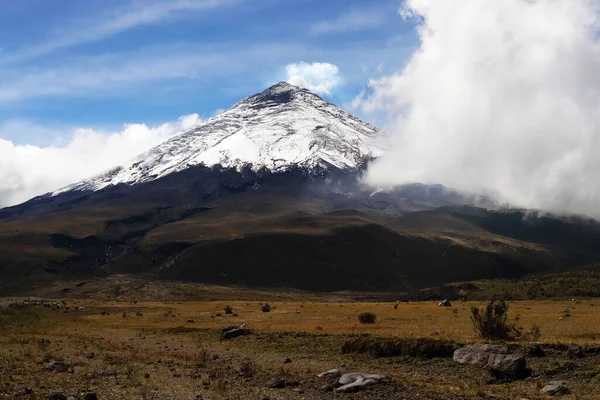 Cotopaxi çevresindeki arazi, Andes Dağları 'ndaki aktif stratovolcano, Latacunga şehri yakınlarındaki Cotopaxi Eyaleti, Güney Amerika' daki büyük bir volkanın fotoğrafı..