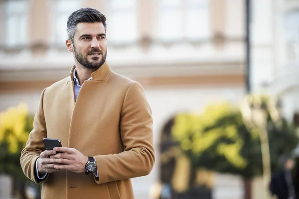 Handsome Businessman Using Phone Outdoors People Business Technology Work Concept — Fotografia de Stock