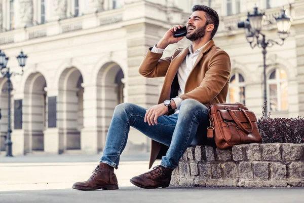 Handsome Man Sitting Outdoors Break Using Mobile Phone People Business — Fotografia de Stock