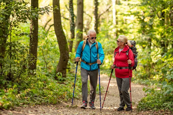 Active Senior Couple Hiking Forest Backpacks Enjoying Adventure — Foto Stock