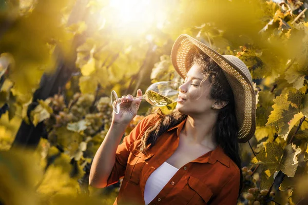 Retrato Una Hermosa Morena Bebiendo Vino Los Viñedos — Foto de Stock