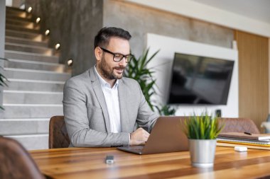 Genç işadamı bilgisayarında çalışıyor. İş adamı müşterisiyle görüntülü görüşme yapıyor. Konferans.