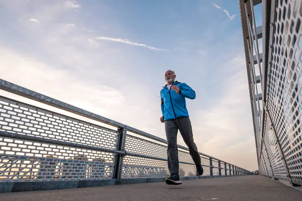 快乐的老年人在外面的桥上慢跑 健康生活方式的概念 图库照片