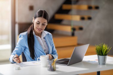 Modern işyerindeki başarılı girişimcinin görüntüsü. Müşterisiyle görüntülü görüşme yapan genç iş kadını..