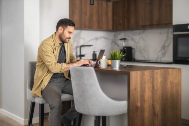 Dizüstü bilgisayar kullanan, e-posta yazan, online görüşme ya da internet üzerinden ödeme yapan bir adam. Ev ofisinden çalışan serbest çalışan biri..