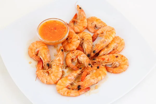 Shrimps Sauce White Plate — Stock Photo, Image