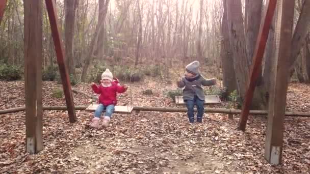 Zwei Kleine Mädchen Schaukeln Auf Einer Holzschaukel Wald — Stockvideo