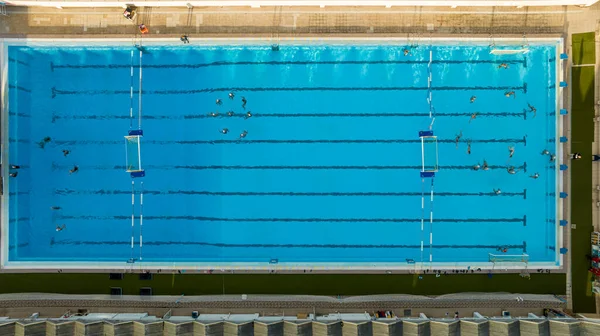 Top down view of public swimming pool.  Water polo team practicing. Artistic swimming practicing