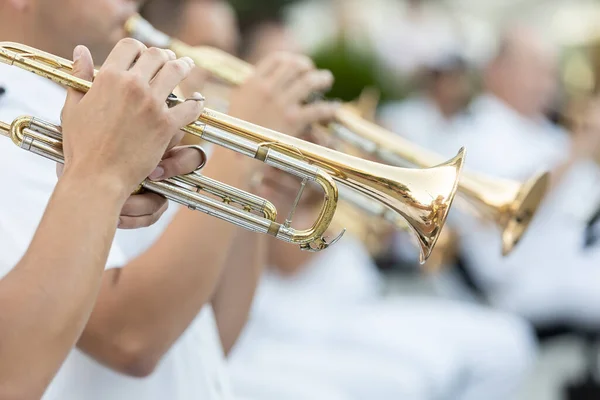 Müzisyenler Trompet Üzerinde Oynuyorlar — Stok fotoğraf