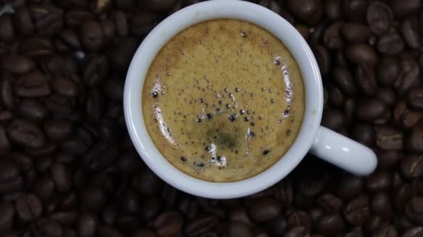 Kopp Kaffe Med Färska Rostade Kaffebönor Roterande — Stockvideo