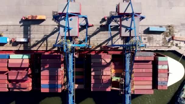Container Ship Loading Unloading Port Aerial View Logistic Import Export — Stock Video