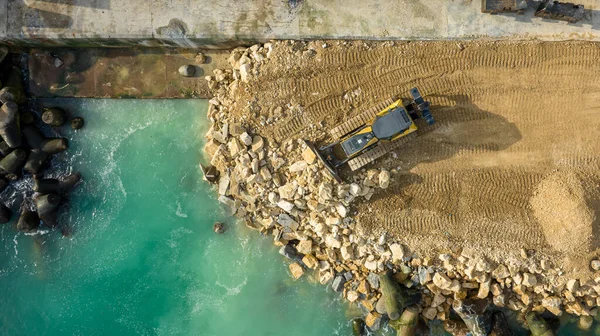 Aerial View Waterfront Construction Site Excavator Bulldozer Working Breakwater Construction — Stock Photo, Image