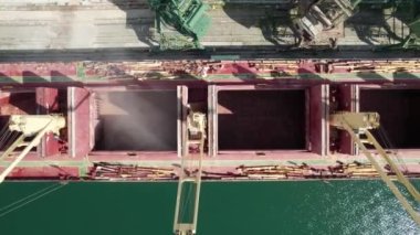 Limandaki vinçlerle kuru buğday kargo gemisi yükleniyor. Deniz kargo gemisinin ambarına hava görüntüsü yükleniyor