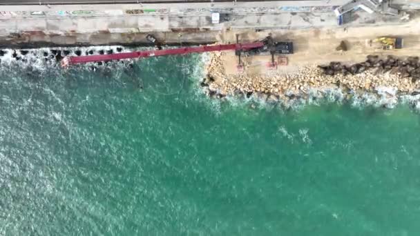 Aerial View Waterfront Construction Site Excavator Crane Crane Working Breakwater — Stock Video