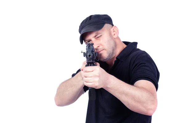 Hombre Apuntando Ametralladora Aislado Blanco Concéntrate Arma — Foto de Stock