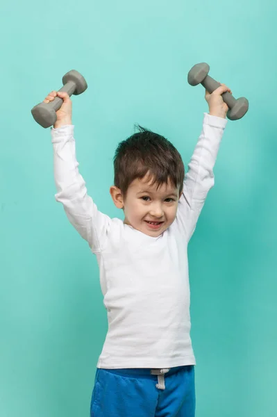 Sporty Little Boy Dumbbells Healthy Lifestyle Sports Activities Children — Stock Photo, Image