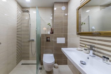 Temiz, şık tasarımcı modern banyo. Lüks evdeki banyo. Cam duşlu.