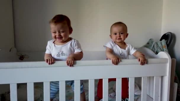 Broderlige Tvillinger Søstre Griner Danser Har Det Sjovt Krybbe – Stock-video