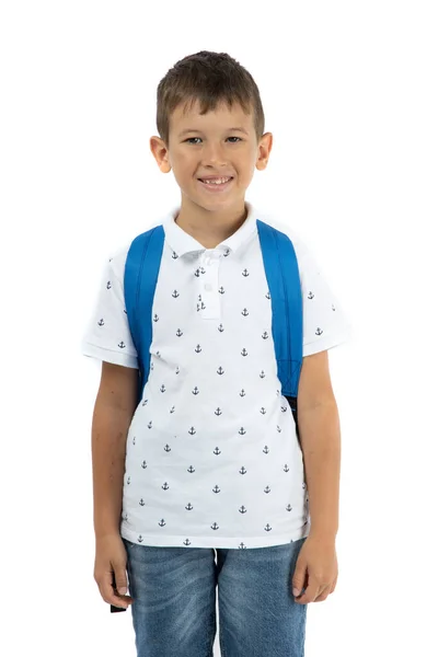 Little Schoolboy Schoolbag Backpack Isolated White Going School Back School — Stock Photo, Image