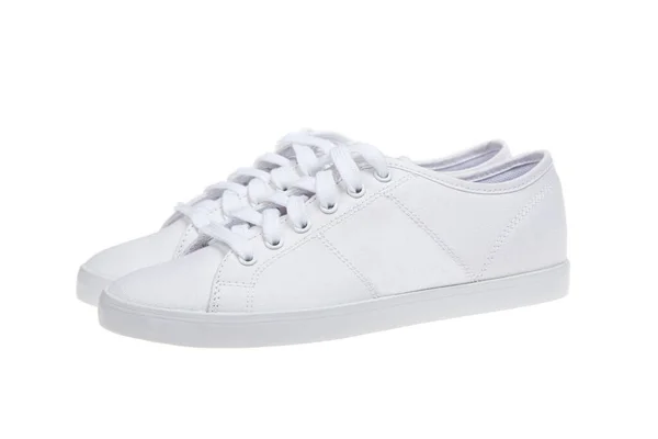 Paar Nieuwe Witte Sneakers Geïsoleerd Witte Achtergrond — Stockfoto